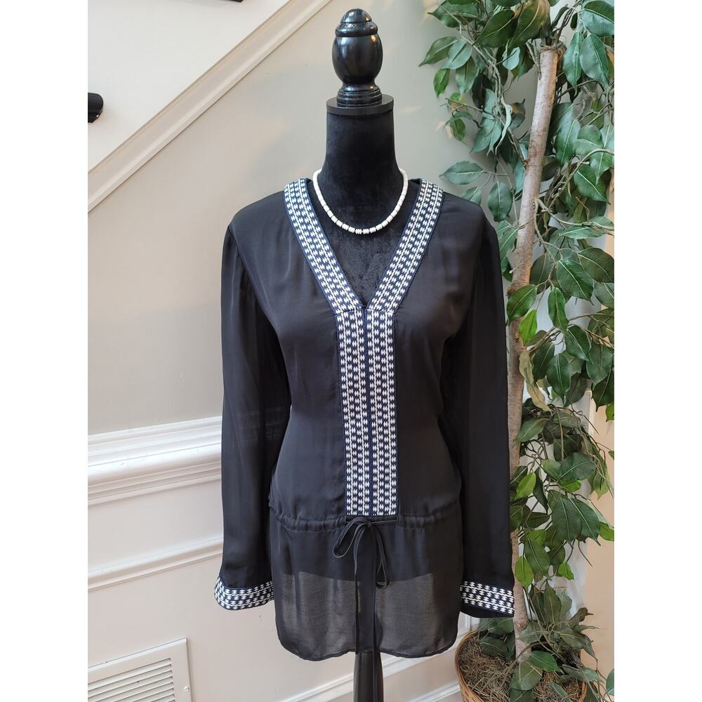 Premise Studio Tunic Blouse Women's Large Black White Long Sleeve Sheer Top